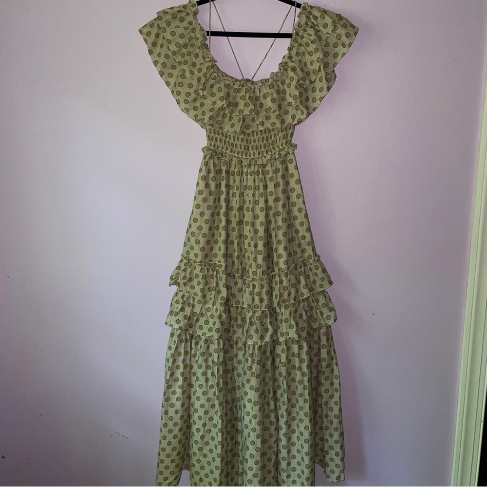 Smocked Ruffle Maxi Dress in Sage Polka Dot